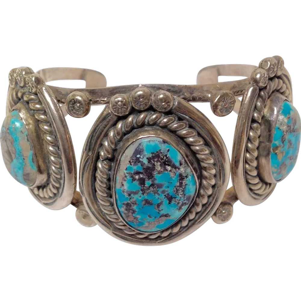 Native American Three Stone Turquoise Silver Cuff… - image 1