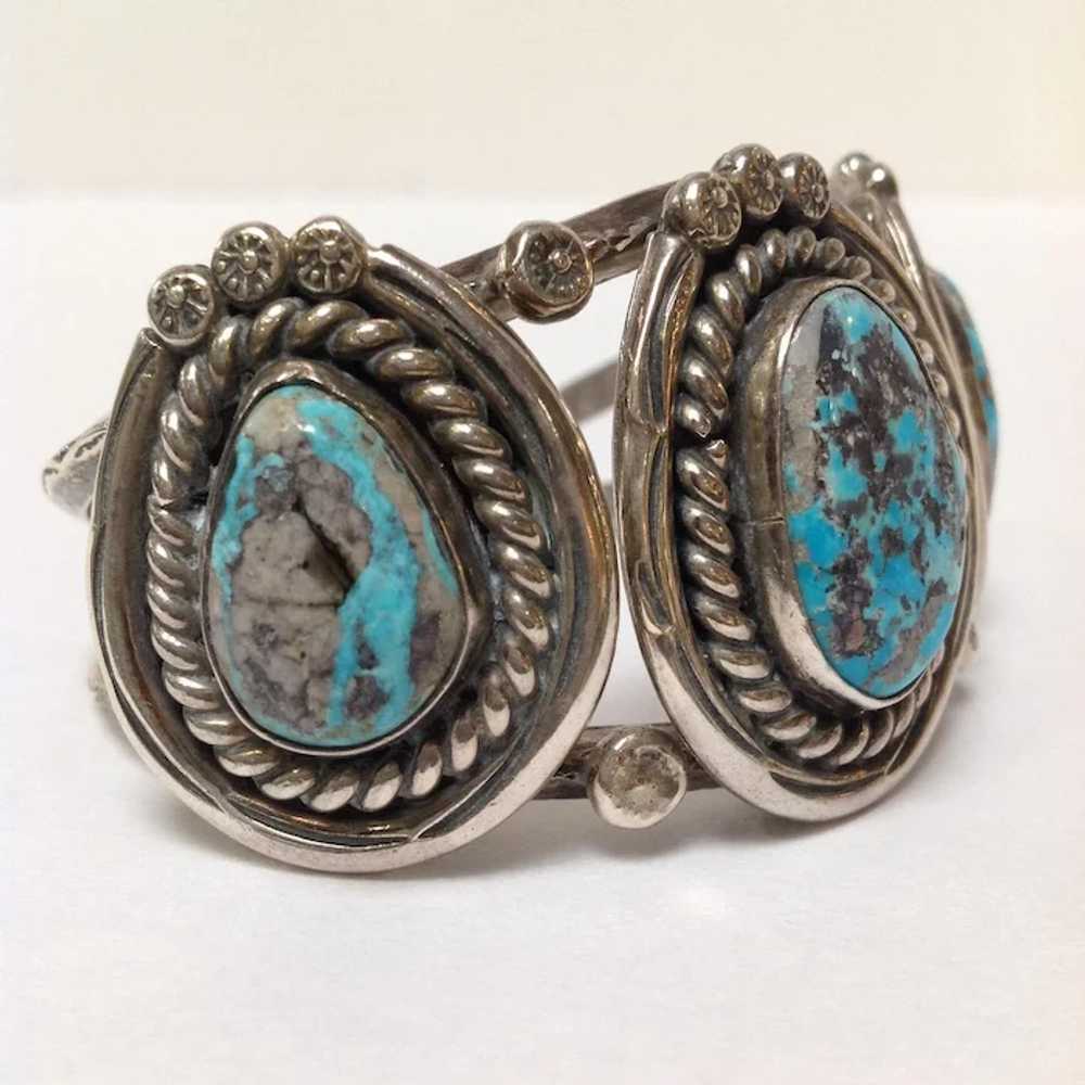 Native American Three Stone Turquoise Silver Cuff… - image 3