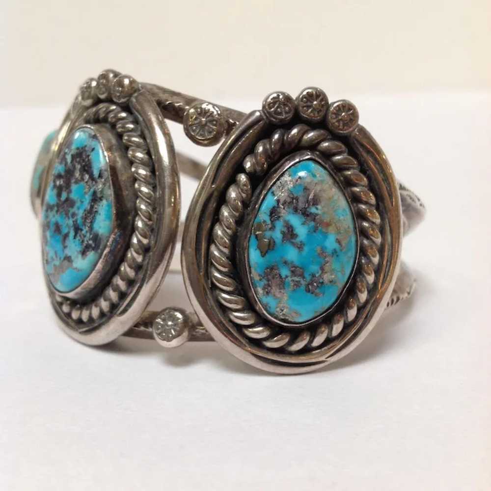 Native American Three Stone Turquoise Silver Cuff… - image 4