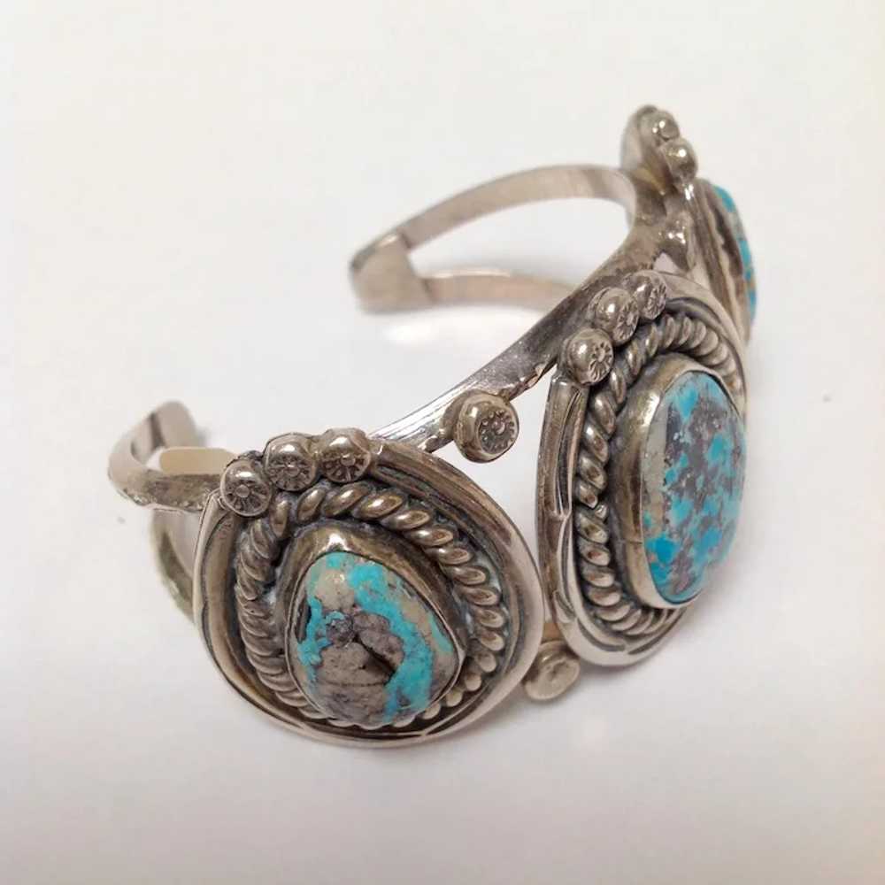 Native American Three Stone Turquoise Silver Cuff… - image 5