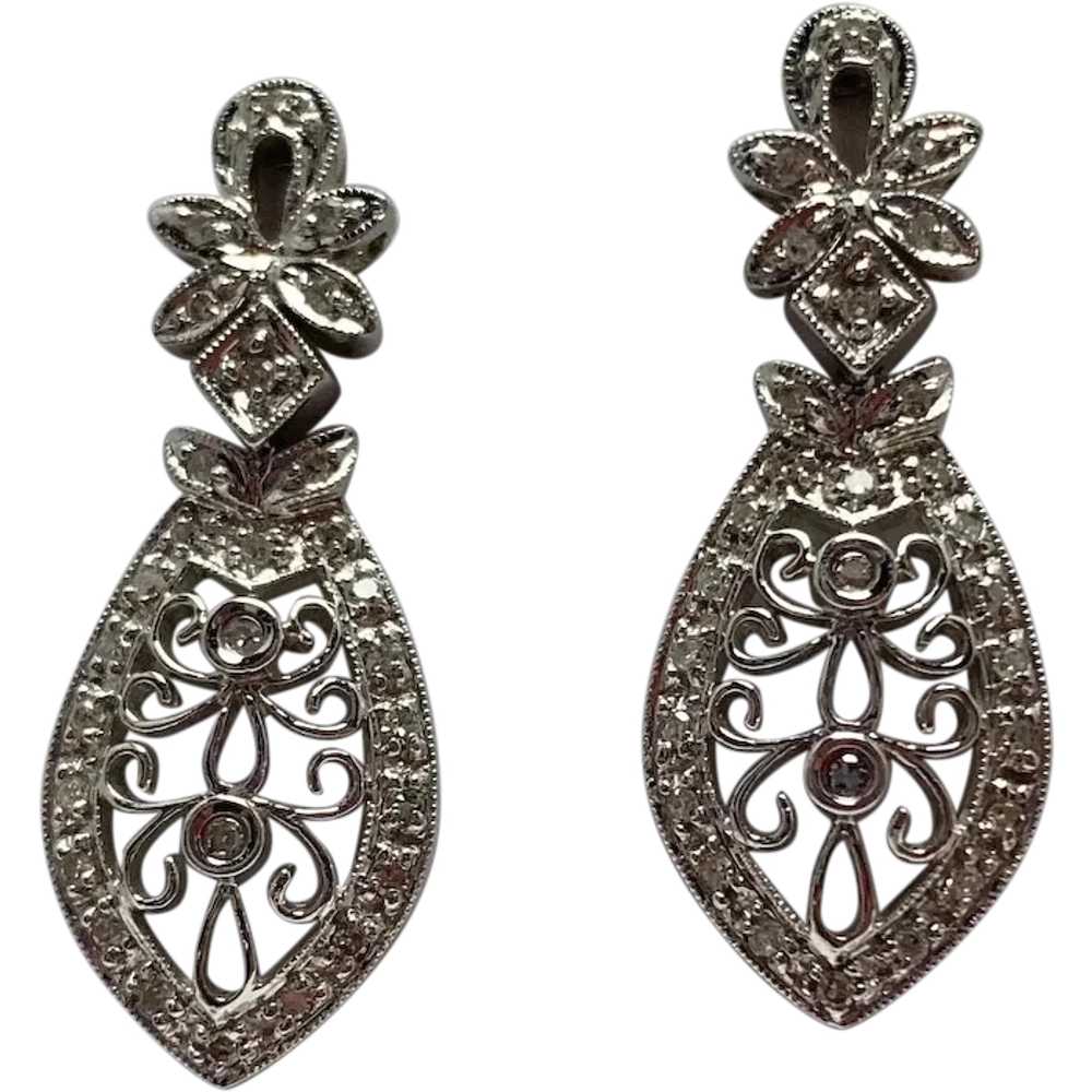 Dangle Diamond Earrings 14K White 1” 0.24cts - image 1