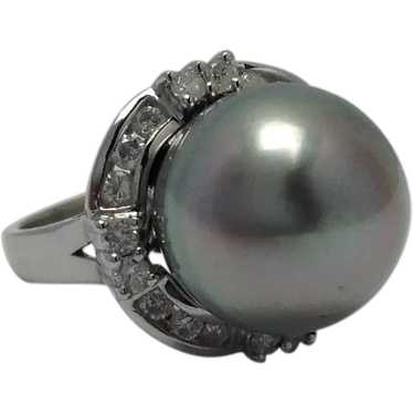 Tahitian Pearl and Diamond Ring 14K Large 15mms - image 1