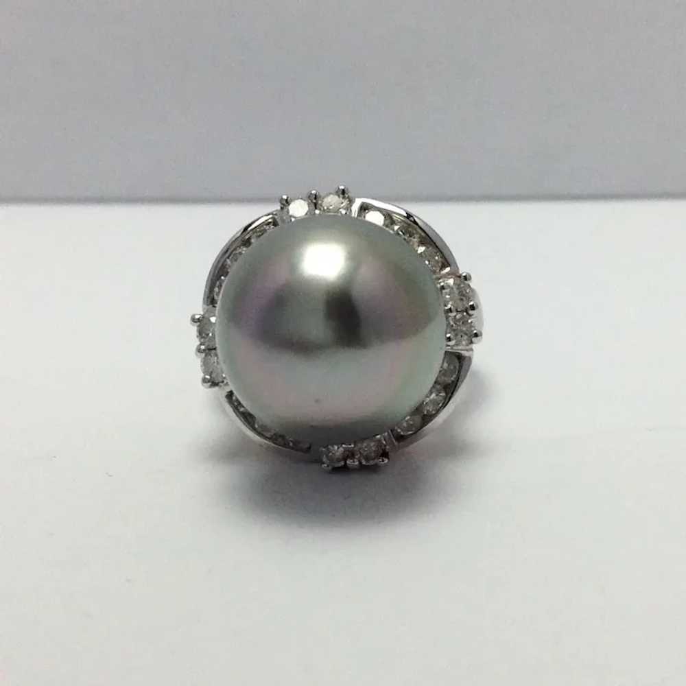 Tahitian Pearl and Diamond Ring 14K Large 15mms - image 2