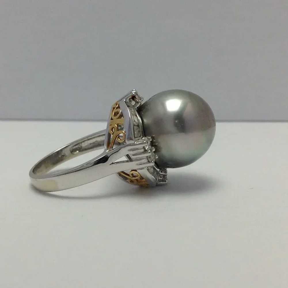 Tahitian Pearl and Diamond Ring 14K Large 15mms - image 3