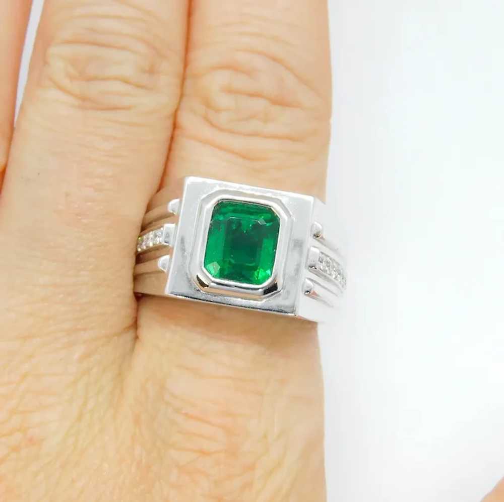 Men's 3.35 ctw Emerald and Diamond Ring 14k White… - image 9