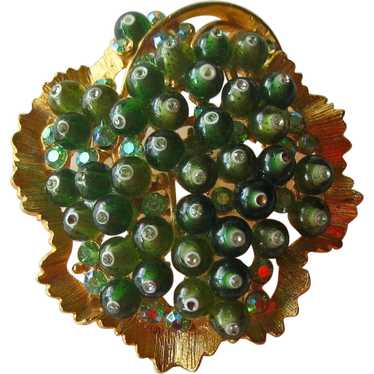 BSK Designer Pin with Green Glass Beads and Rhine… - image 1