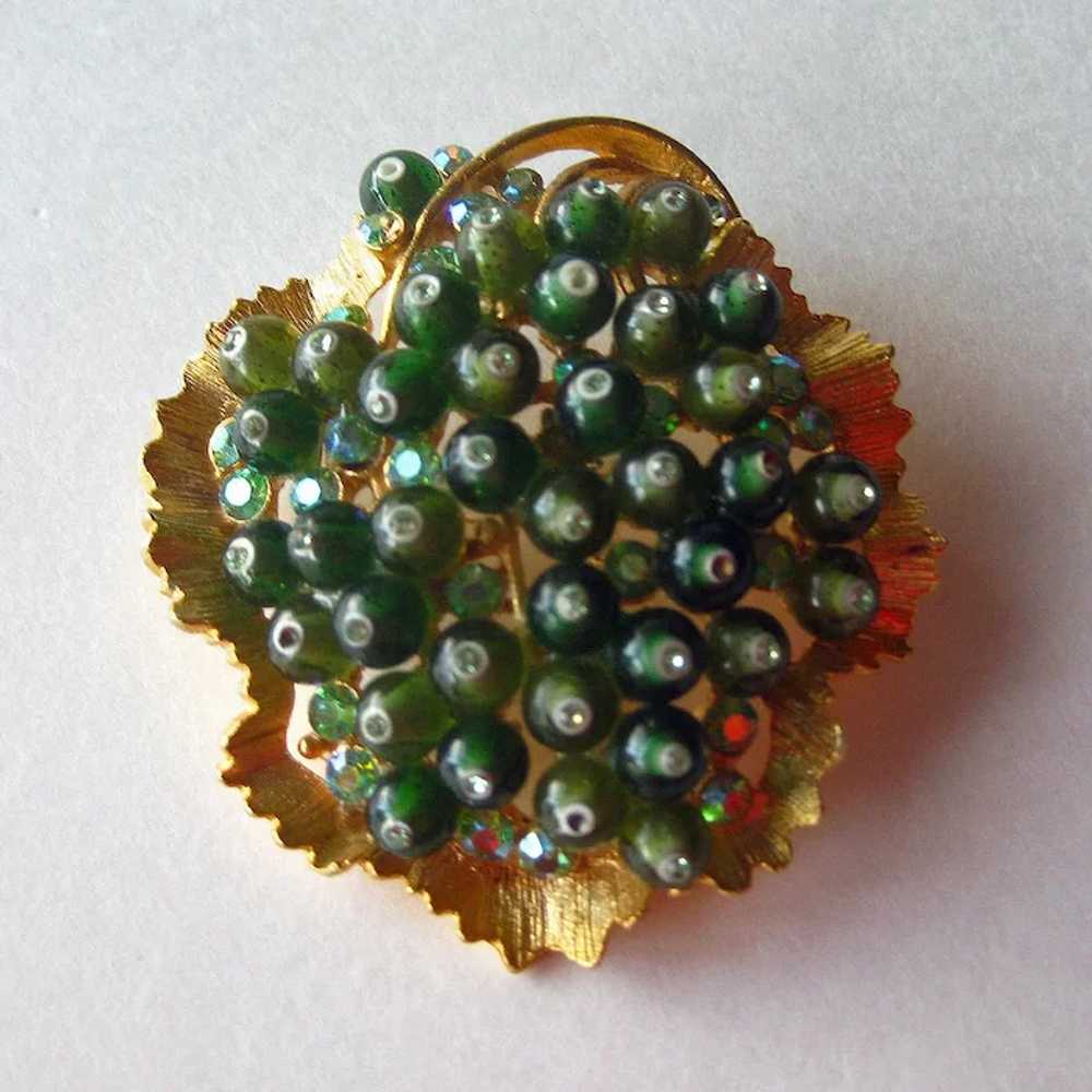 BSK Designer Pin with Green Glass Beads and Rhine… - image 2
