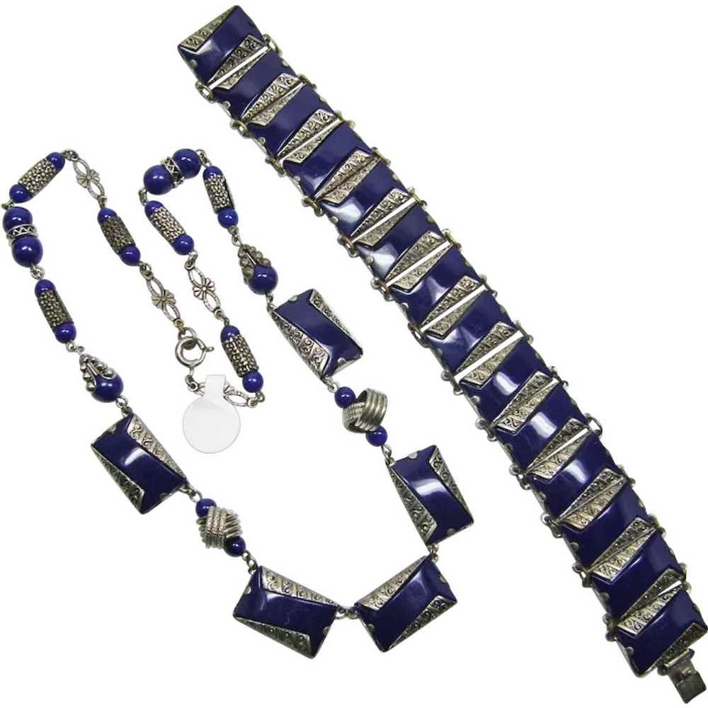 Czech Bracelet & Necklace Set Blue & Silver Color - image 1