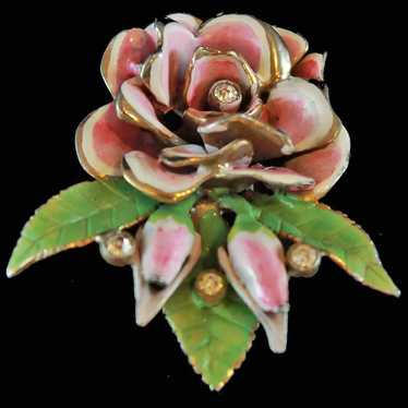 Large Rose Floral Enamel Fur Clip c1940's