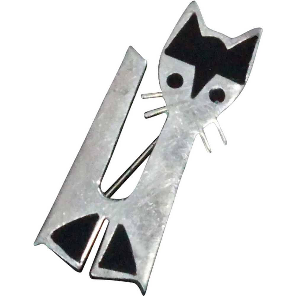 Modernist Inlaid Onyx Sterling Silver Cat Brooch … - image 1