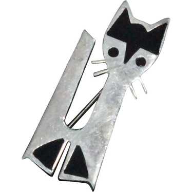 Modernist Inlaid Onyx Sterling Silver Cat Brooch … - image 1