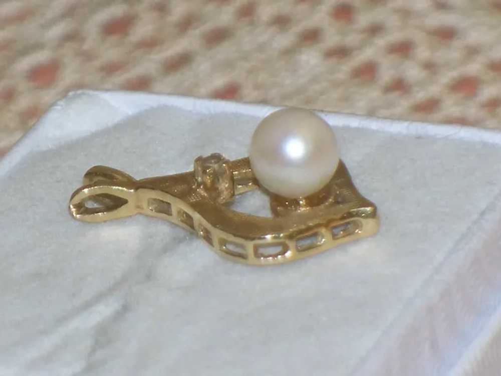 Vintage 14K Gold Cultured Pearl & Diamond Pendant - image 3