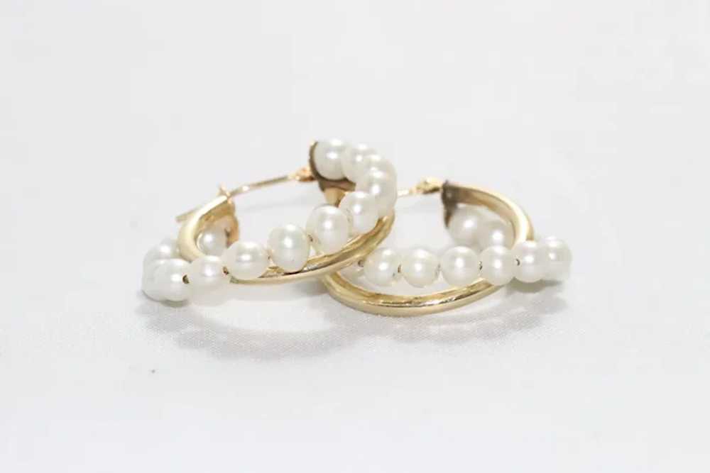 14KT Gold Cultured Pearl Hoop Earrings - image 2