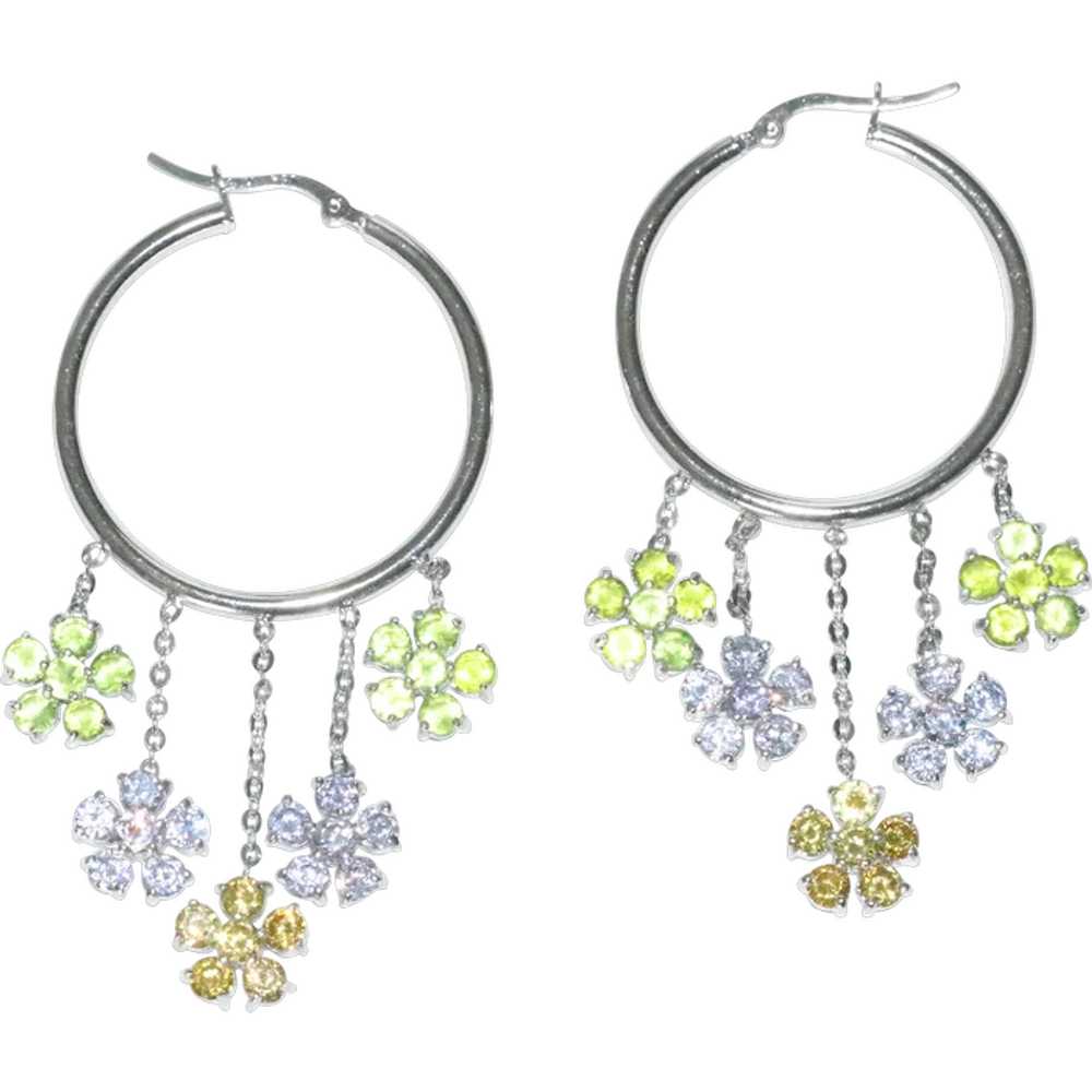 Sterling Silver Multicolored Floral Hoop Earrings - image 1