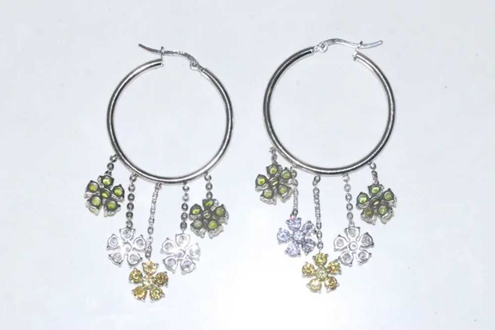Sterling Silver Multicolored Floral Hoop Earrings - image 2