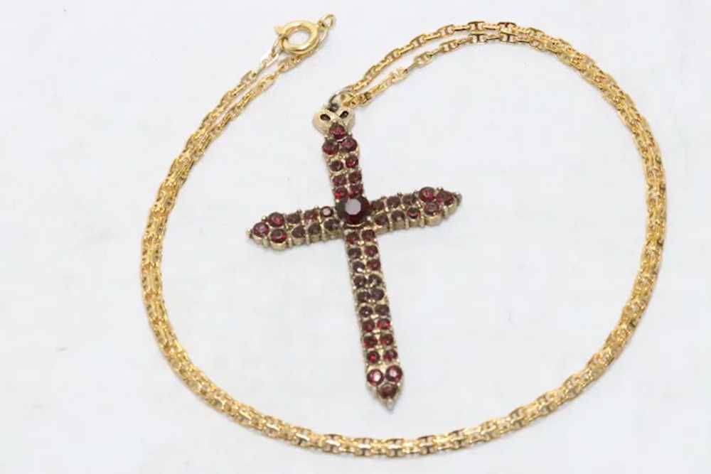 Vintage Costume Garnet Cross Necklace - image 2