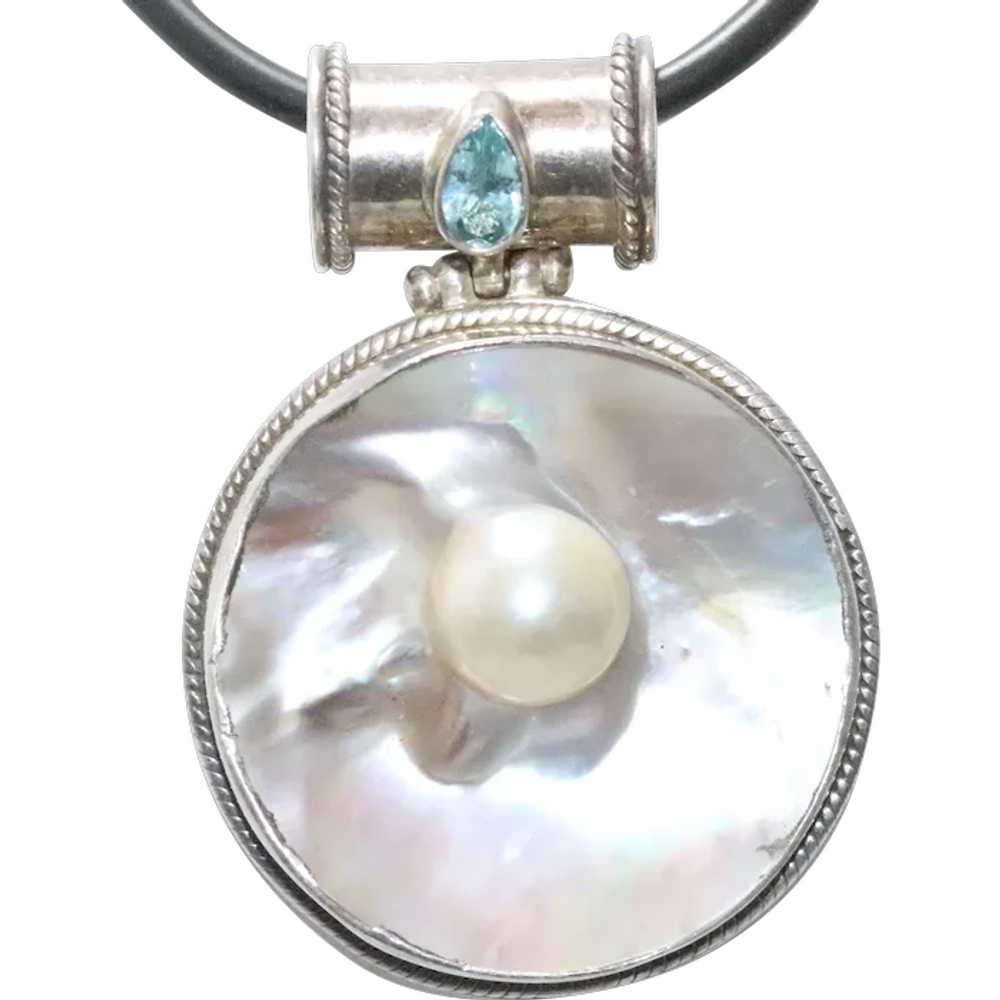 Sterling Silver Mother of Pearl Blue Topaz Neckla… - image 1