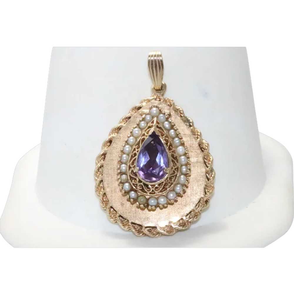 Vintage 14K Yellow Gold 3D Amethyst Pearl Filigre… - image 1