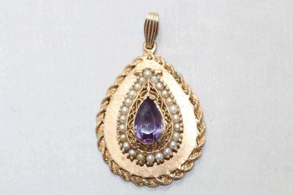 Vintage 14K Yellow Gold 3D Amethyst Pearl Filigre… - image 2