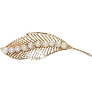 14k Gold Art Deco Feather and Pearl Brooch - image 1