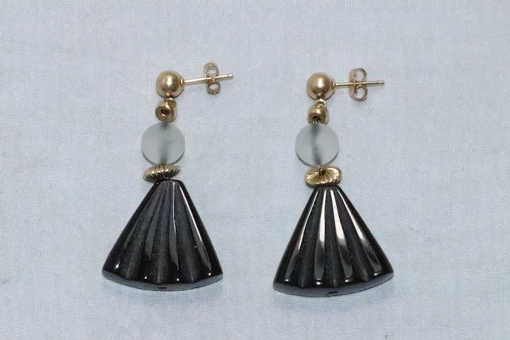 14 KT Yellow Gold Black Onyx Dangling Earrings - image 3