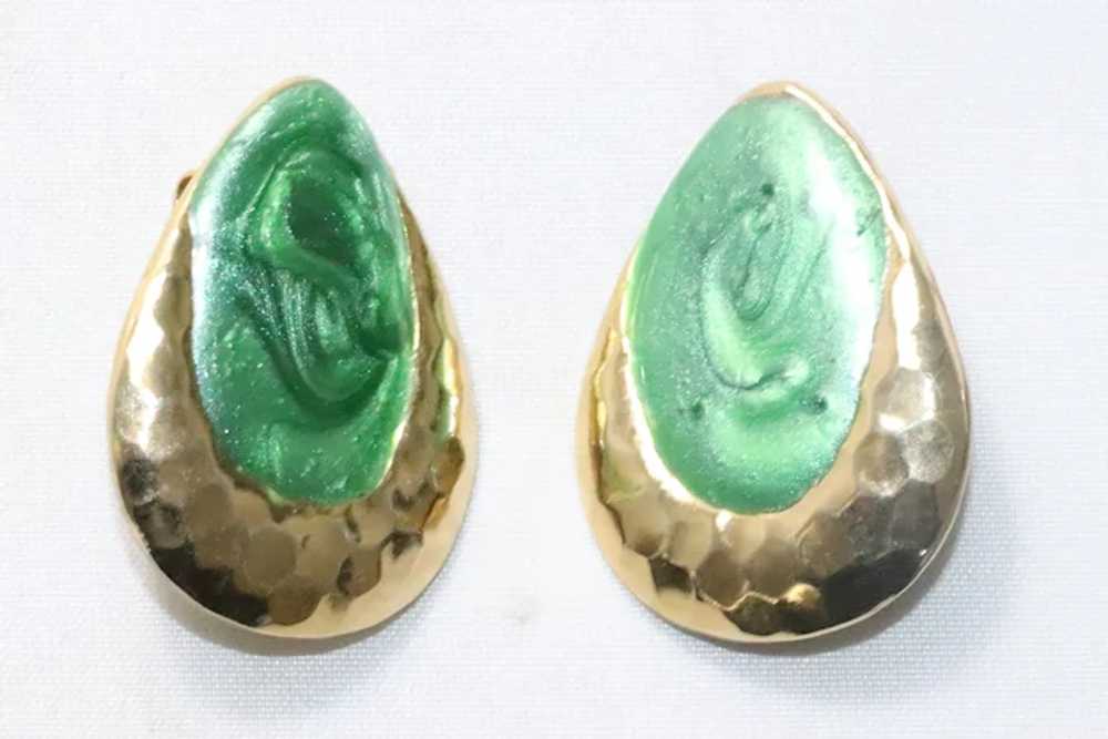 Vintage Costume Gold Tone Green Enamel Teardrop C… - image 2