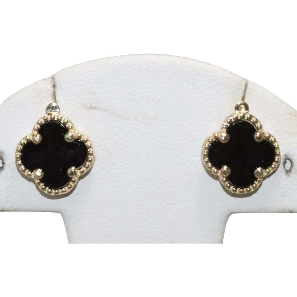 Vintage 14K Gold Black Onyx Clover Earrings - image 1