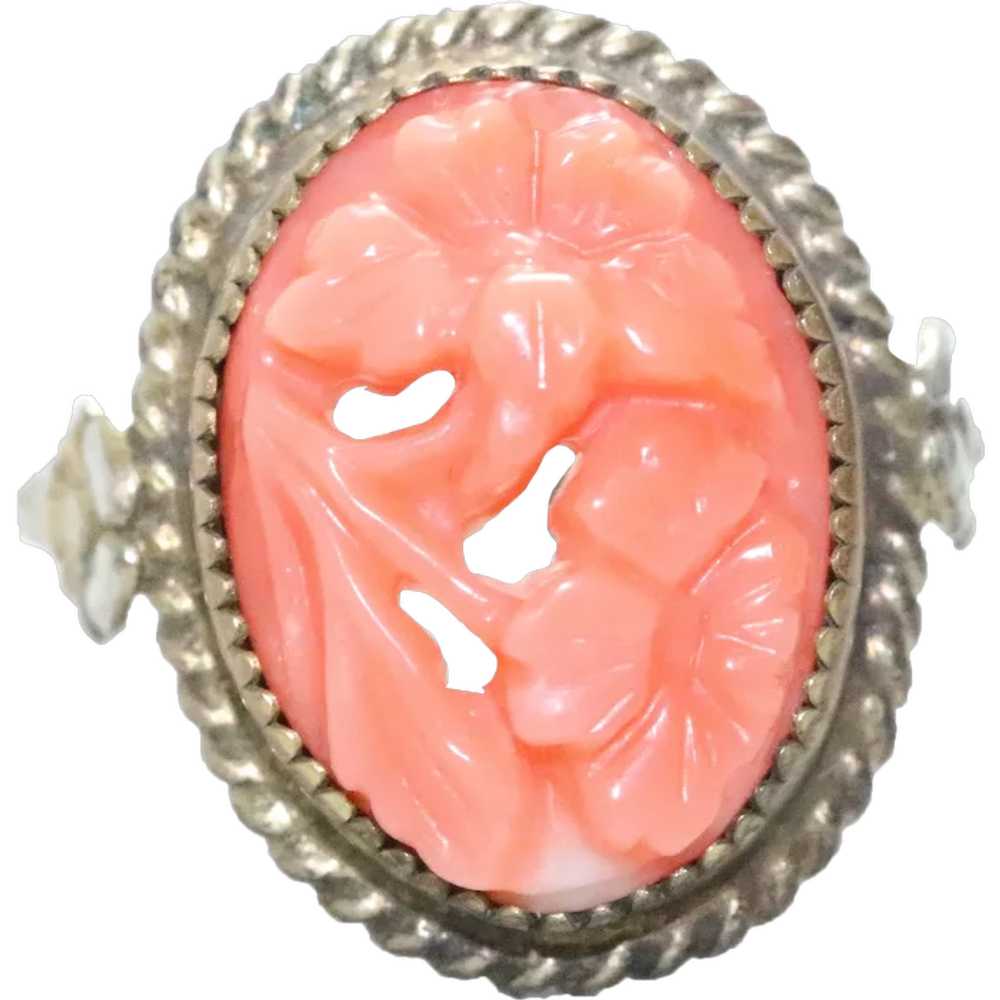 Vintage Sterling Silver Carved Coral Floral RIng - image 1