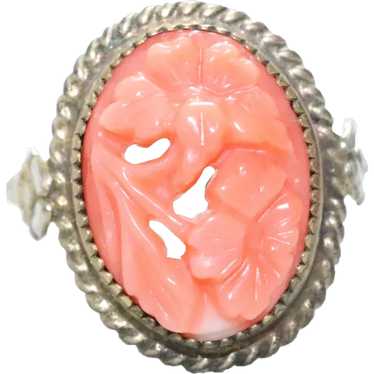 Vintage Sterling Silver Carved Coral Floral RIng - image 1