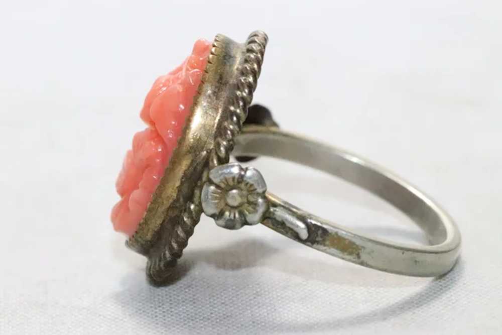 Vintage Sterling Silver Carved Coral Floral RIng - image 2