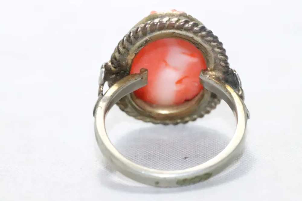 Vintage Sterling Silver Carved Coral Floral RIng - image 3