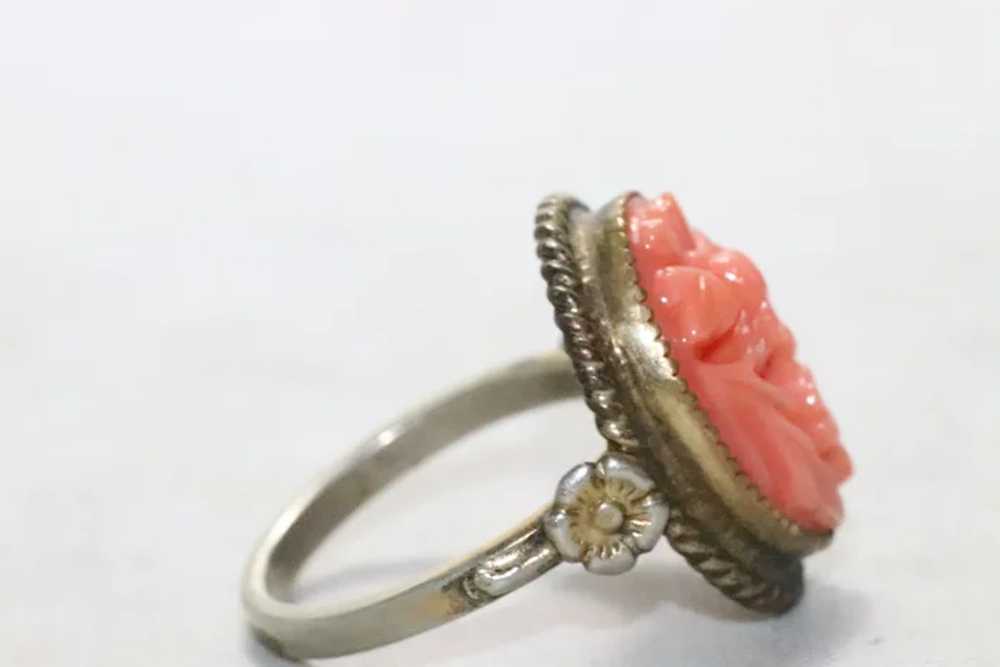 Vintage Sterling Silver Carved Coral Floral RIng - image 4