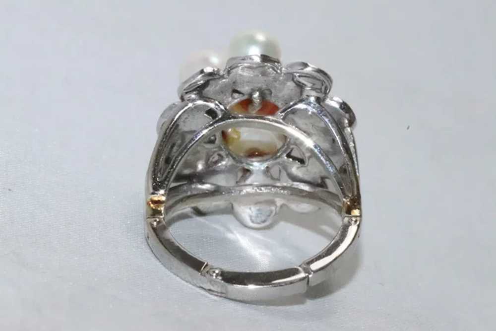 Vintage 14 KT White Gold Pearl Flower Ring - image 4