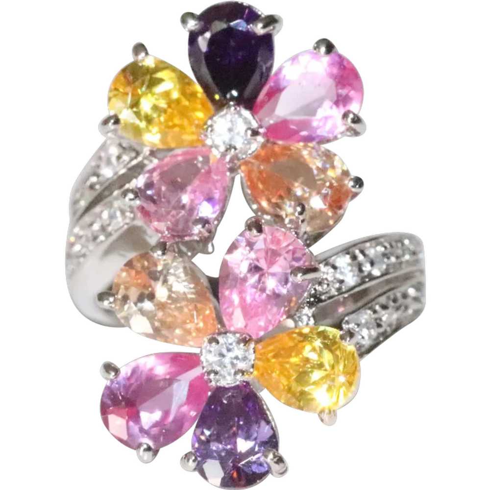 Sterling Silver Multicolored Floral Stone Ring - image 1