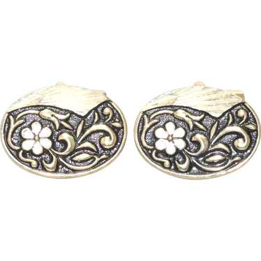 Vintage Costume Gold Tone Black Floral Cufflinks