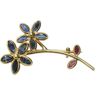 Vintage 18K Yellow Gold Sapphire and Ruby Floral … - image 1