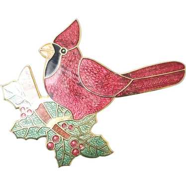 Vintage Cardinal Bird On A Holly Branch Brooch - image 1