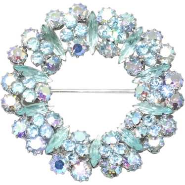 Vintage Blue Austrian Crystal Round Brooch