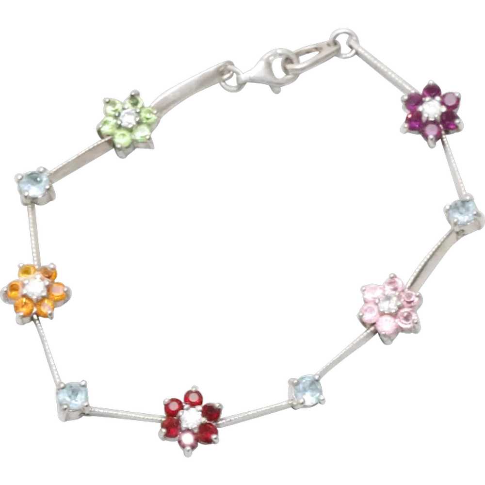 Sterling Silver Flower Multi Stone Link Bracelet - image 1