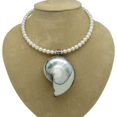 Imitation Pearl Necklace with Sterling Shell Pend… - image 1