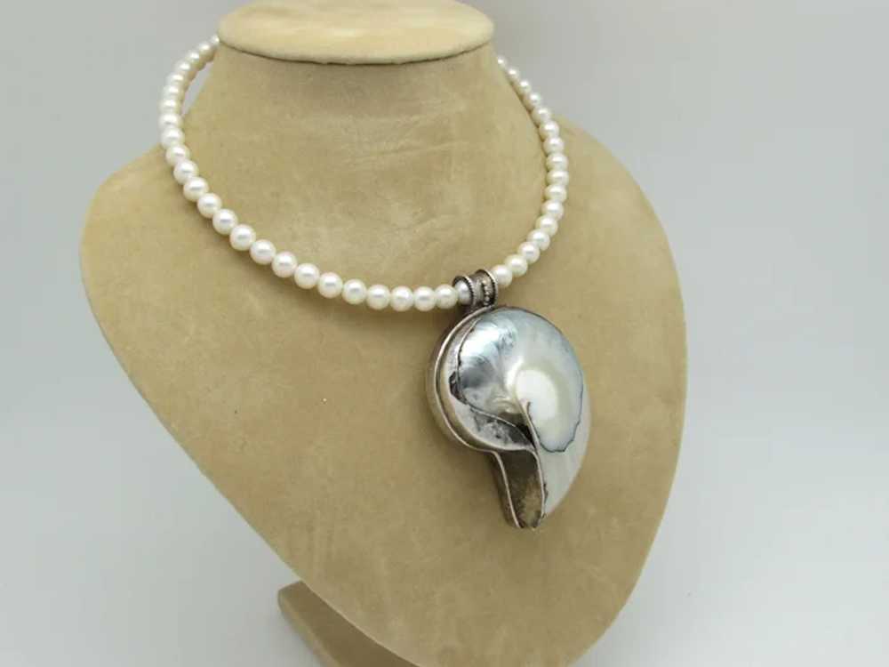 Imitation Pearl Necklace with Sterling Shell Pend… - image 2