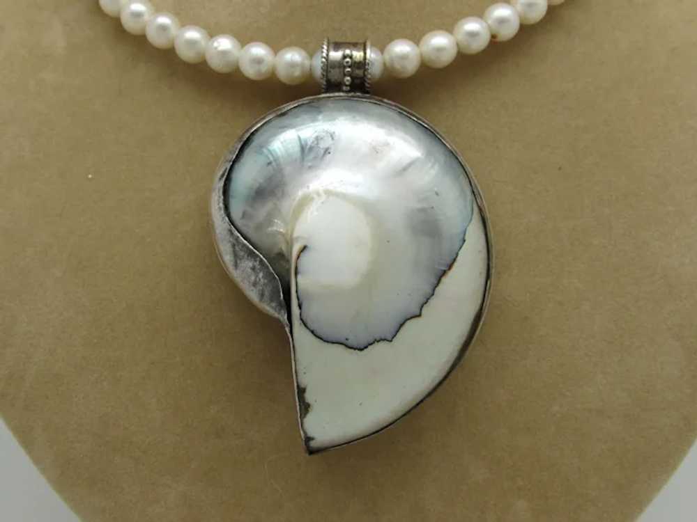Imitation Pearl Necklace with Sterling Shell Pend… - image 3