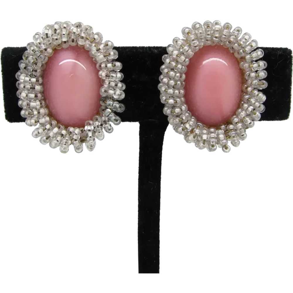 Pink Cabachon Glass Earrings with Bead Frame - image 1