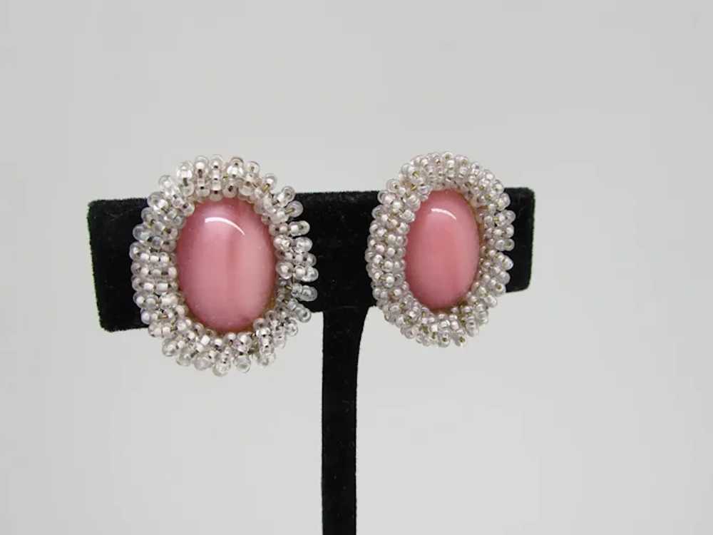 Pink Cabachon Glass Earrings with Bead Frame - image 2