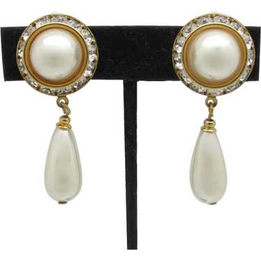 Imitation Pearl and Rhinestone Earrings With Tear… - image 1