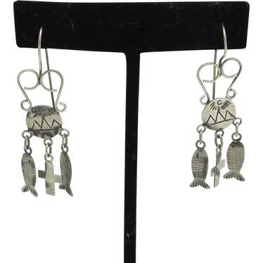 Mexican Silver Fish and Cross Earrings