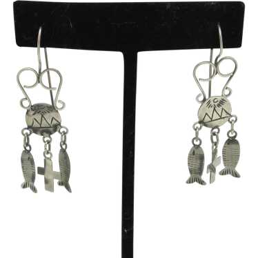 Mexican Silver Fish and Cross Earrings - image 1