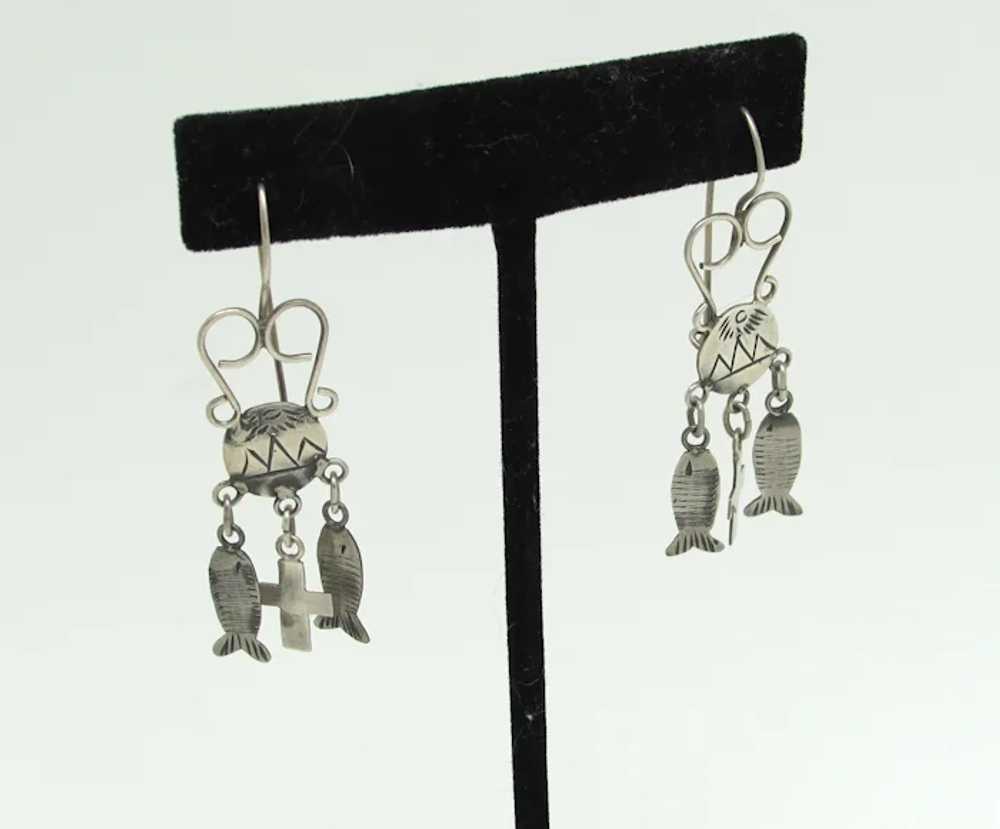 Mexican Silver Fish and Cross Earrings - image 2