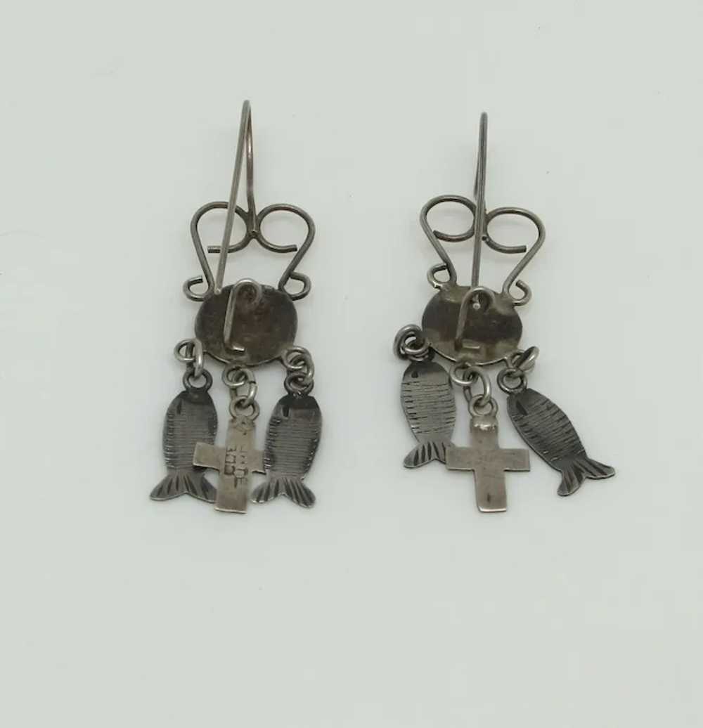 Mexican Silver Fish and Cross Earrings - image 3