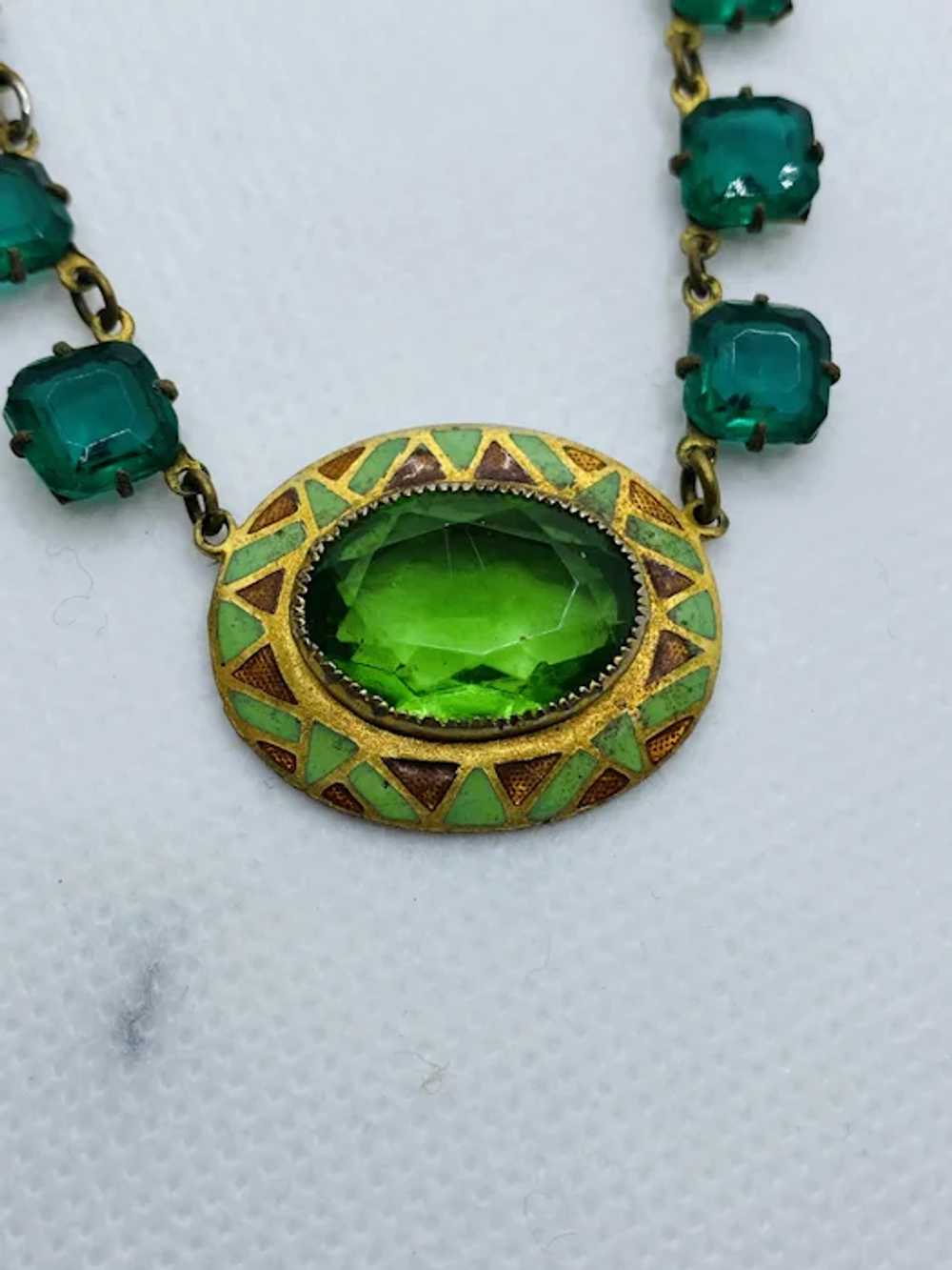 Antique Green and Brown Enamel Green Glass Neckla… - image 12
